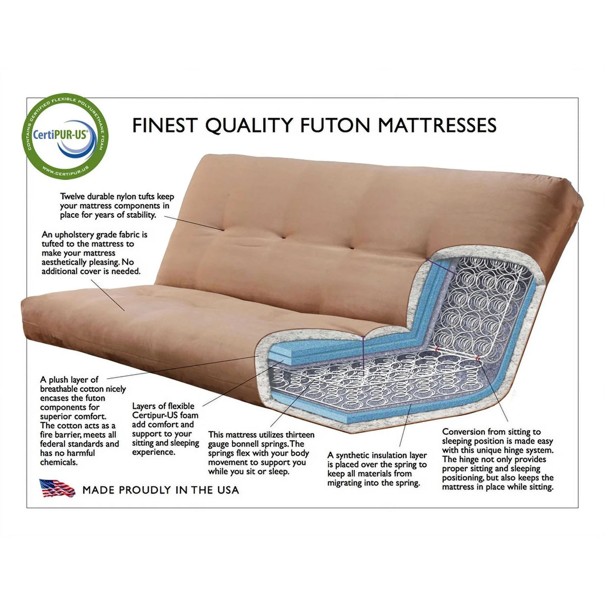 Rustic Walnut Futon with Linen Stone Gray Mattress F6206