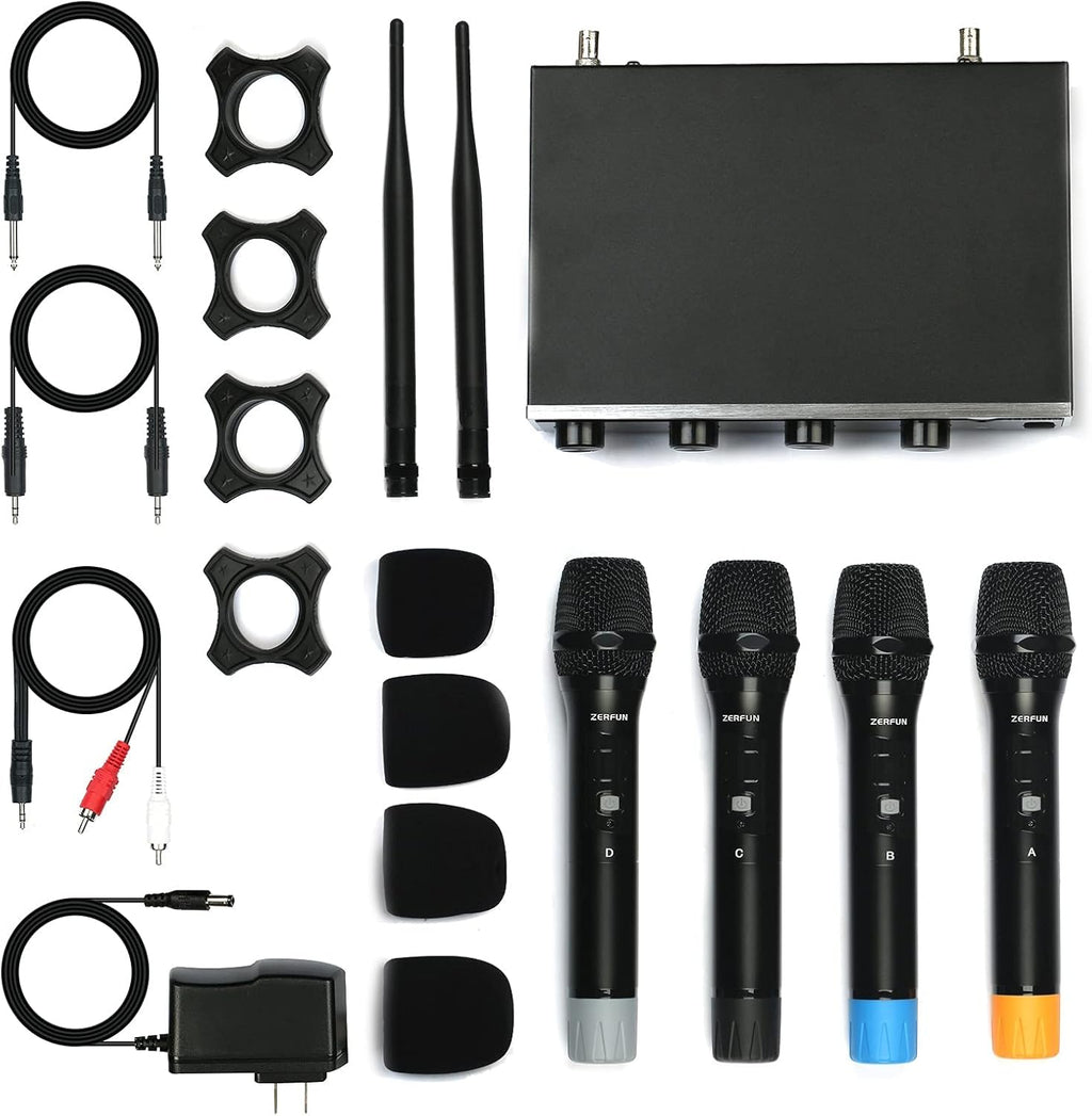 4-Channel UHF Wireless Microphone System with XLR 1/4 1/8 Output, All Metal Handheld Karaoke Cordless Microphones L80798