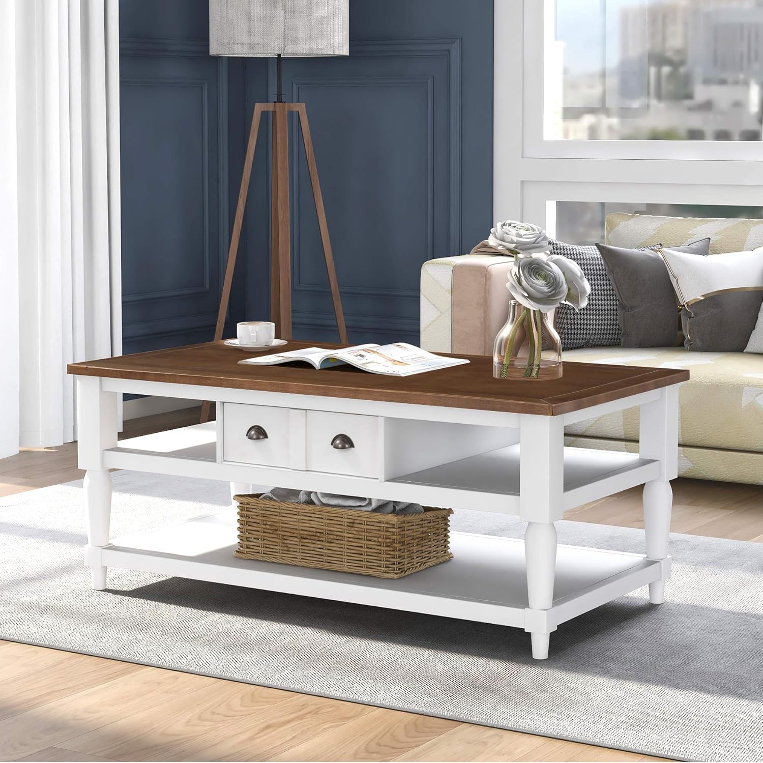 Retro Cocktail Table Coffee, Solid Wood Coffee Table with Caster Wheels and Drawer, 1 Shelf, Wood Movable Rectangle Coffee Table Y5992