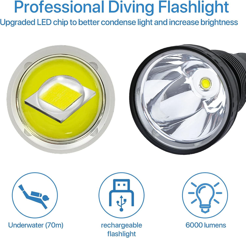 6000 Lumen Waterproof Rechargeable LED Diving Flashlight, Pack of 2 C6810