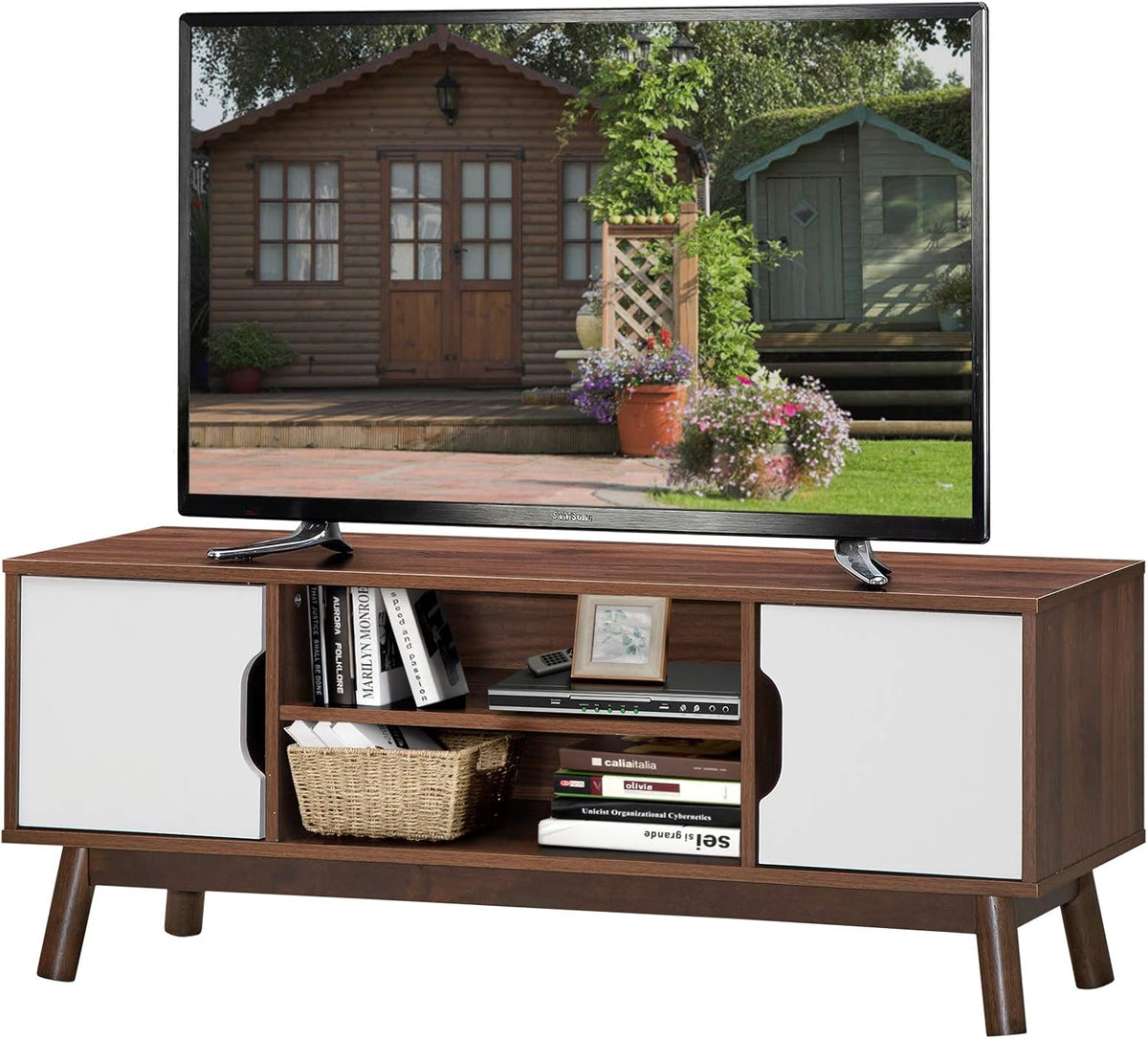 White Wooden TV Stand with 2 Cabinets & 2 Open Shelves T8406