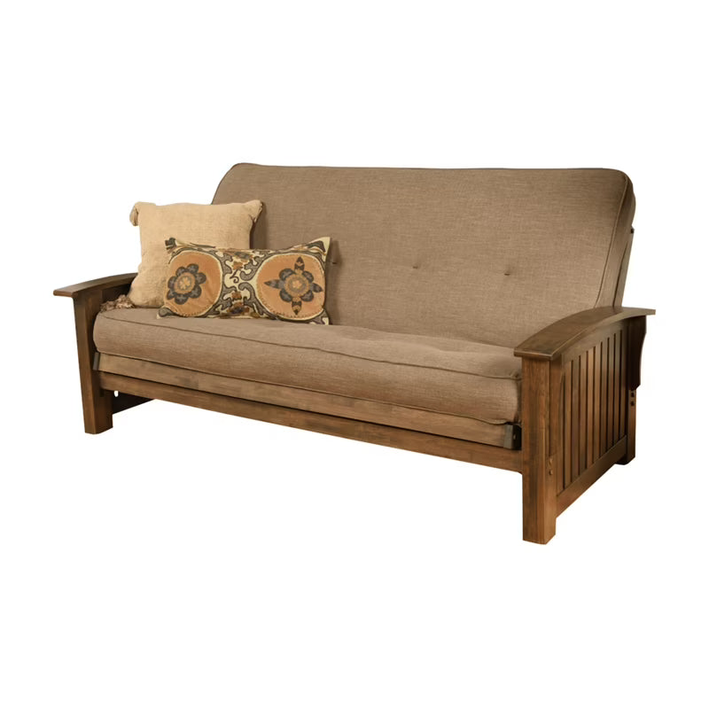 Rustic Walnut Futon with Linen Stone Gray Mattress F6206