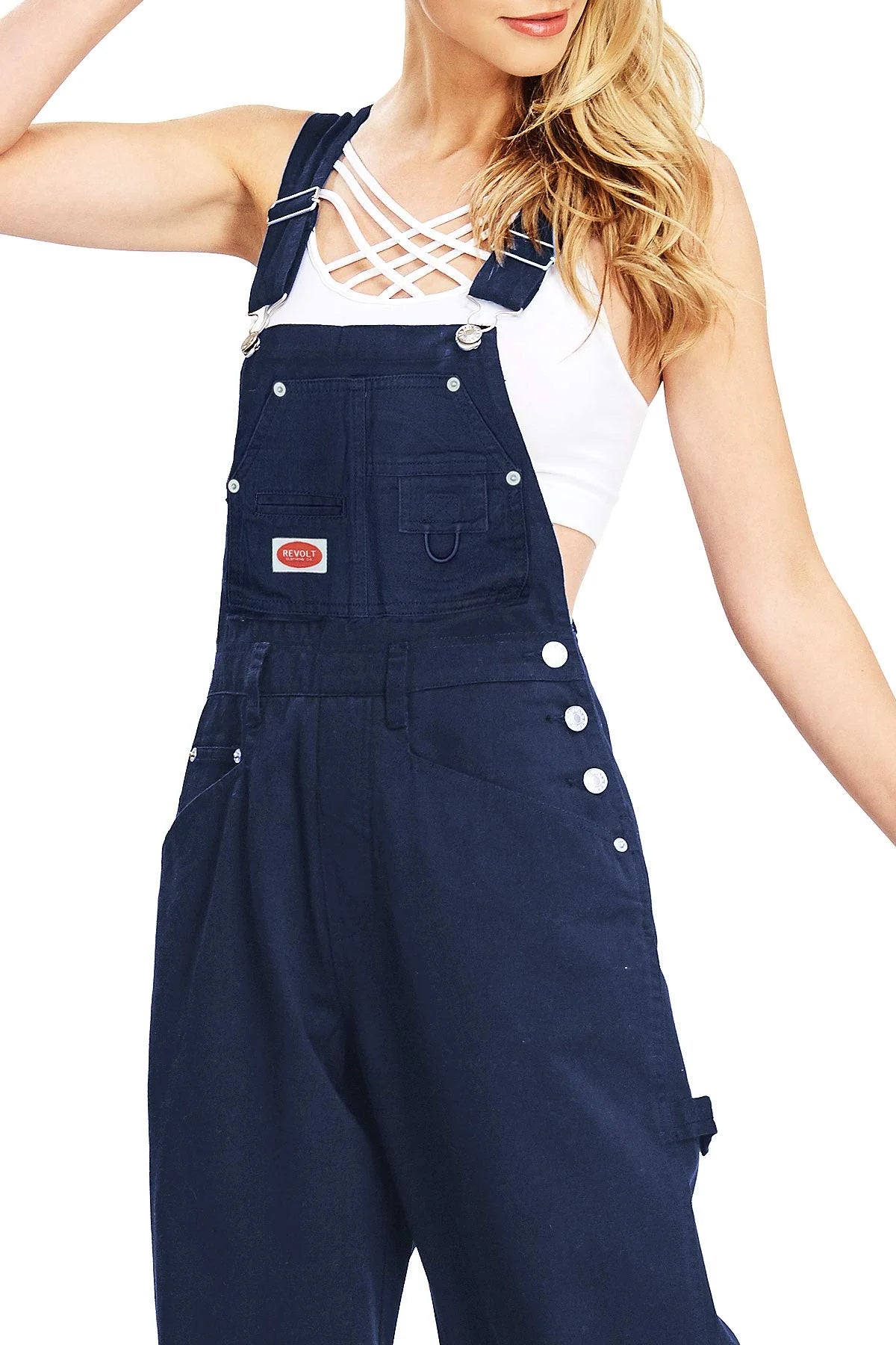 Navy Blue Baggy Straight Leg Twill Overalls C938529