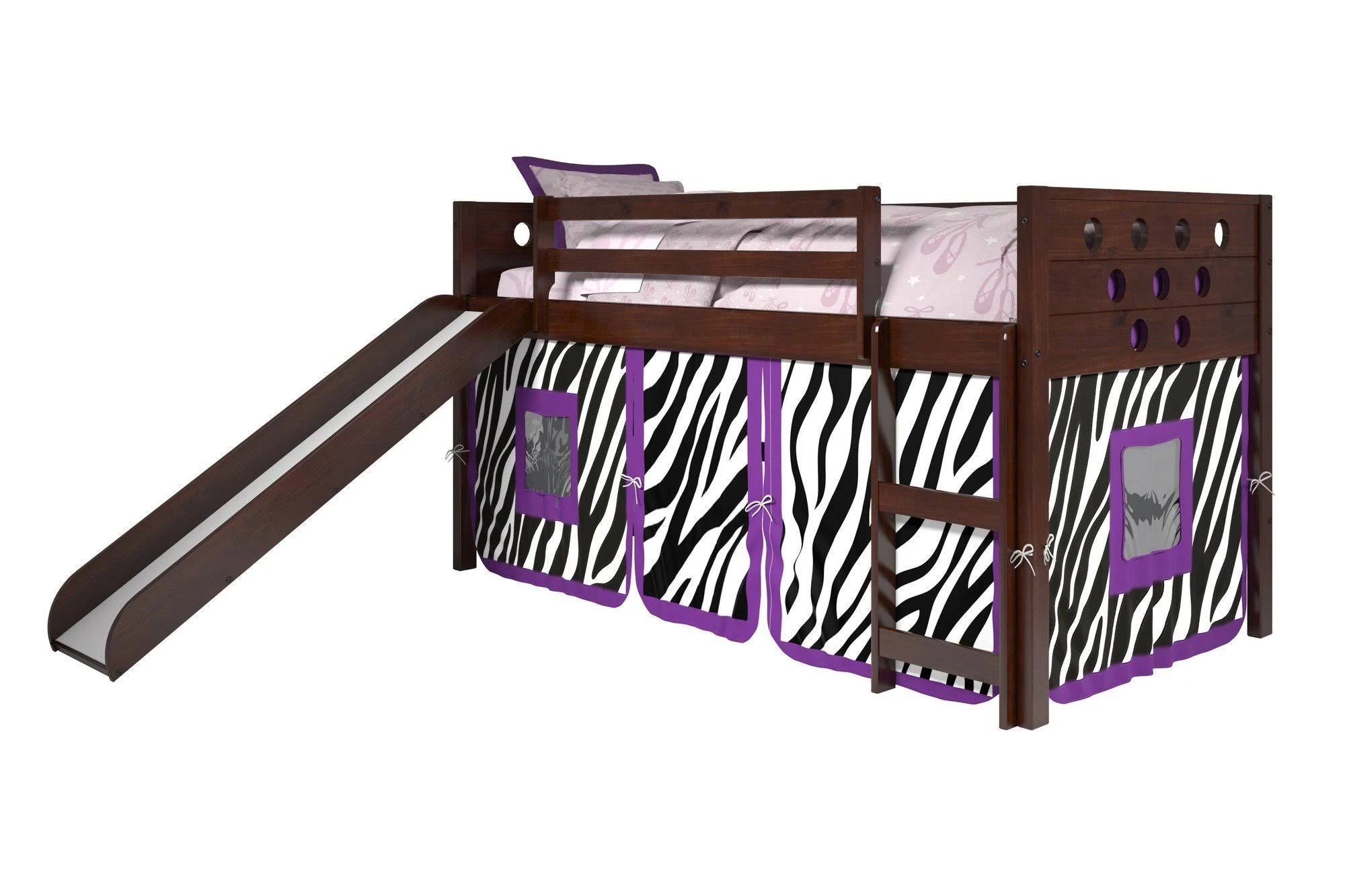 Twin Circles Low Loft with Slide and Zebra Tent Kit in Dark Cappuccino Finish G98794
