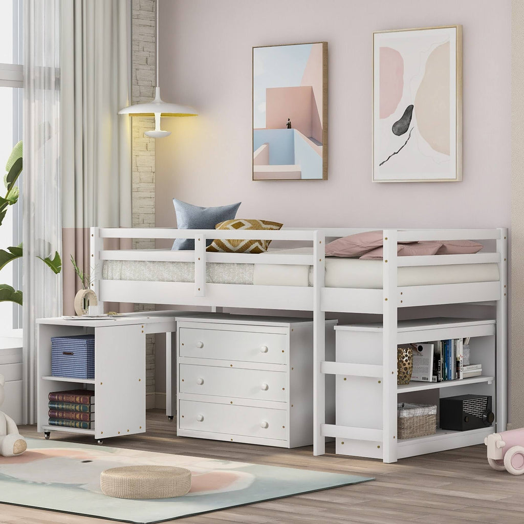 Twin Loft Bed with Cabinet and Rolling D12896