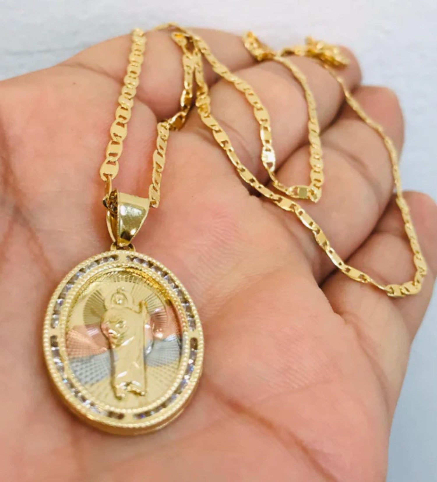 14K Gold Filled San Judas Necklace Tri-Color with CZ Stones 20" 28x20mm N739