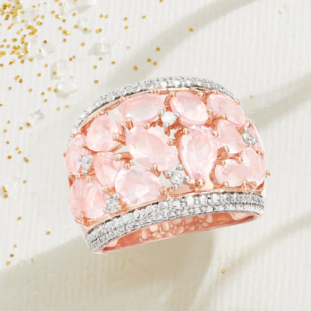 Rose Quartz Dome Ring With Diamonds in Rose Sterling Silver P135