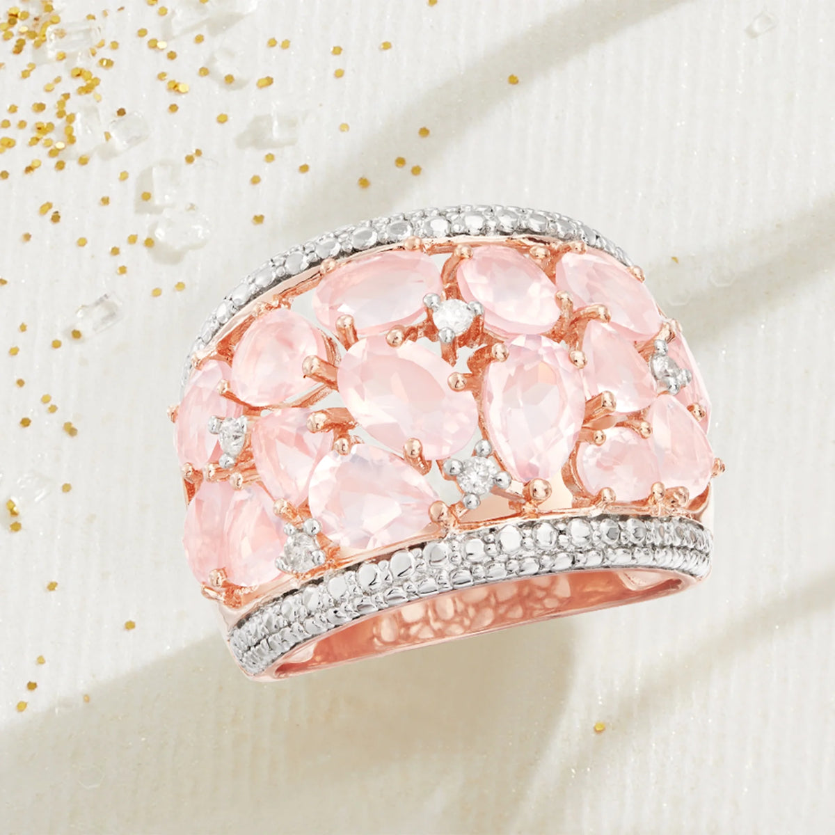 Rose Quartz Dome Ring With Diamonds in Rose Sterling Silver P135