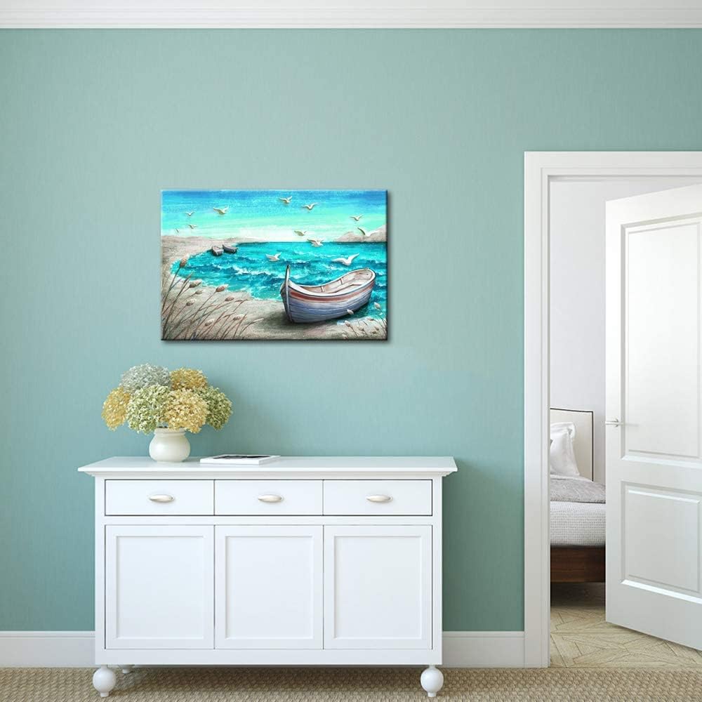Canvas Wall Art Abstract Ocean Boat Painting Seascape Picture Prints Stretched and Framed 16x24Inch M4596