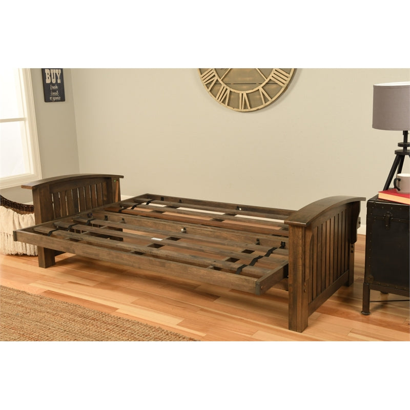 Rustic Walnut Futon with Linen Stone Gray Mattress F6206