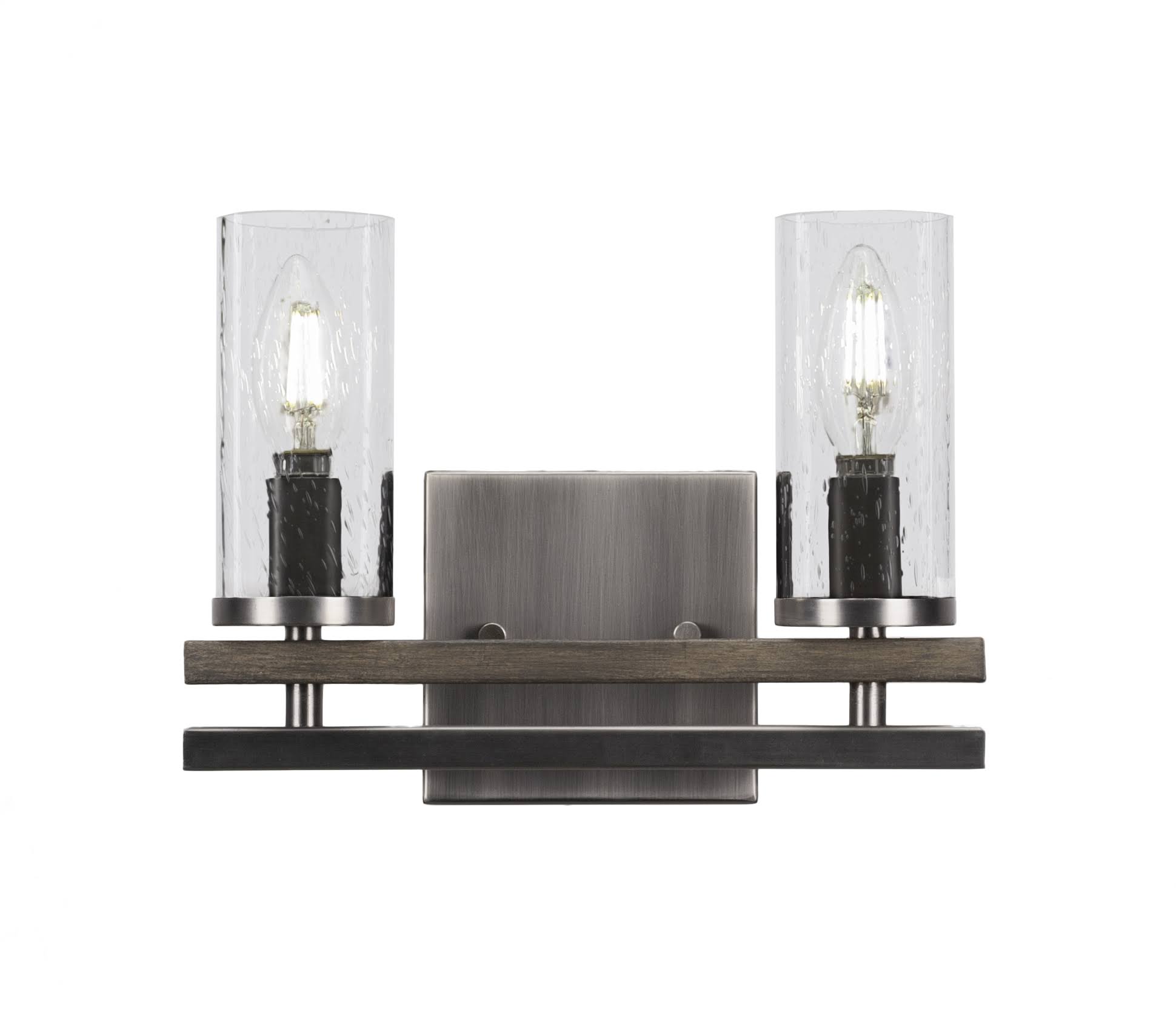 2 Light Graphite-Distressed Wood Bath Bar with Clear Bubble Glass X35390
