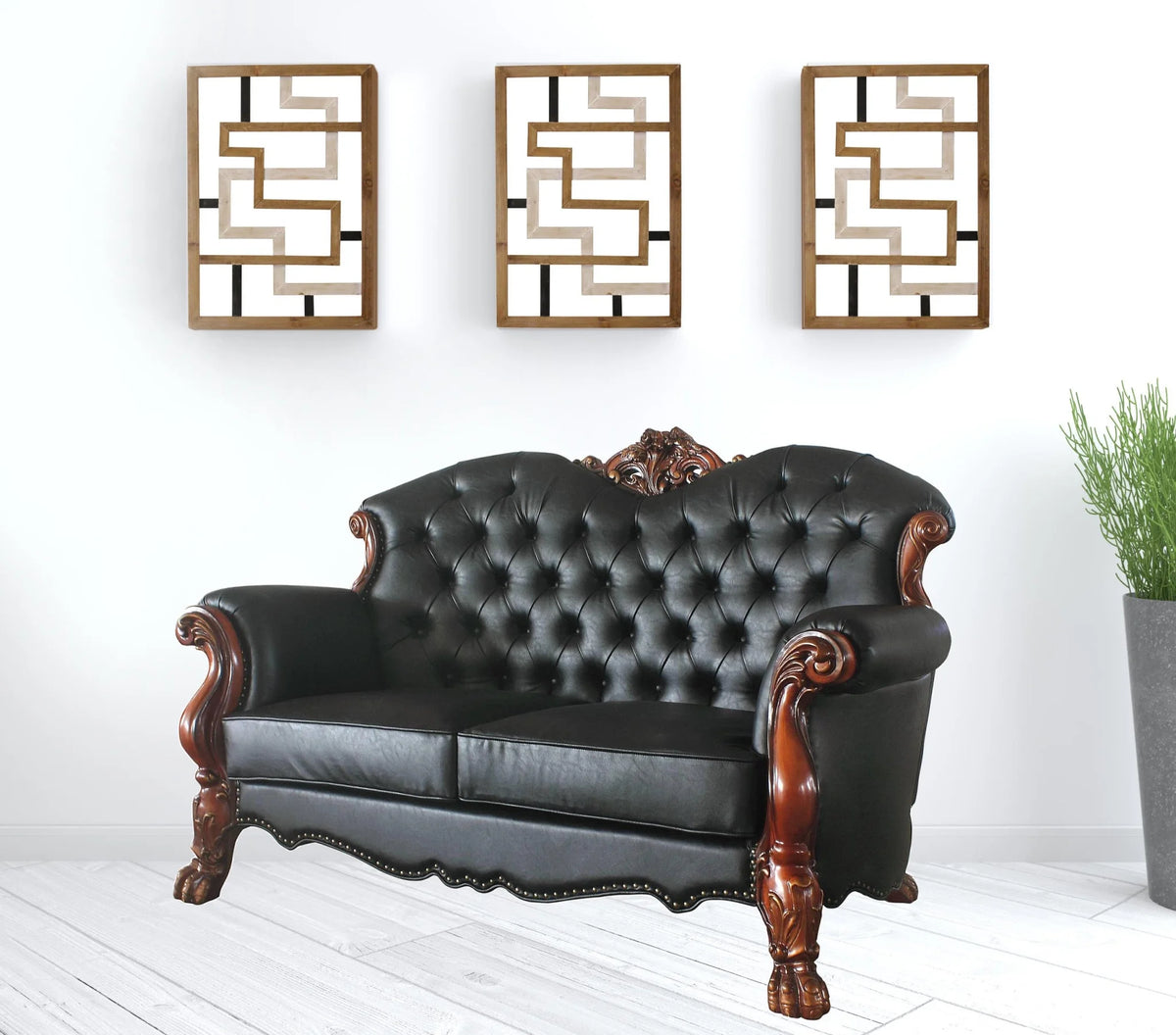 Black & Brown Faux Leather Love Seat with Toss Pillows S802485