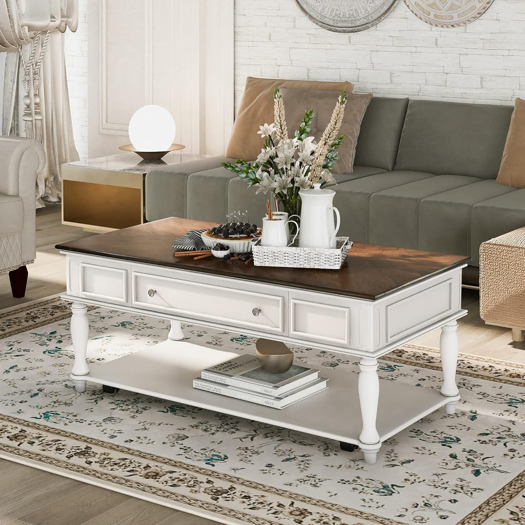 Retro Cocktail Table Coffee, Solid Wood Coffee Table with Caster Wheels and Drawer, 1 Shelf, Wood Movable Rectangle Coffee Table Y5992